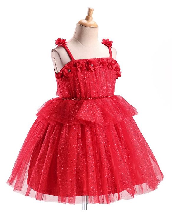 Babyhug Sleeveless Shimmered Ruffled Party Frock with Floral Applique -  Red