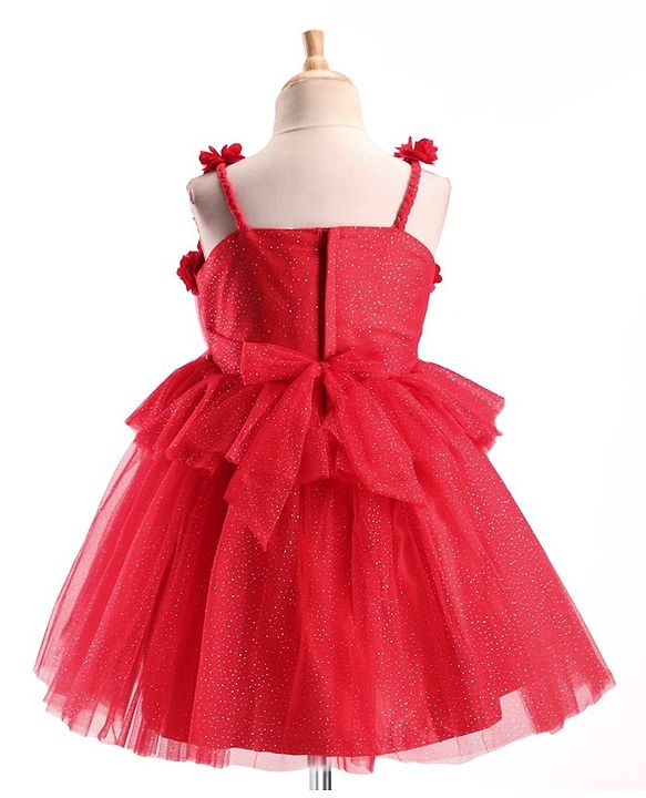 Babyhug Sleeveless Shimmered Ruffled Party Frock with Floral Applique -  Red