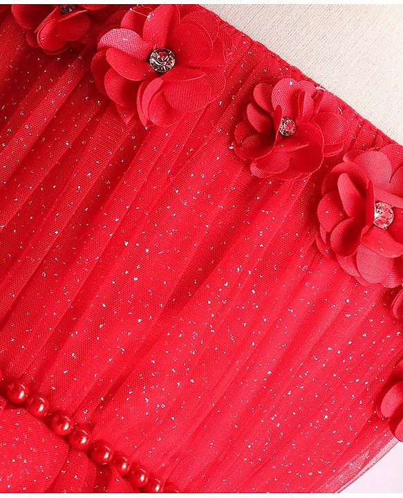 Babyhug Sleeveless Shimmered Ruffled Party Frock with Floral Applique -  Red