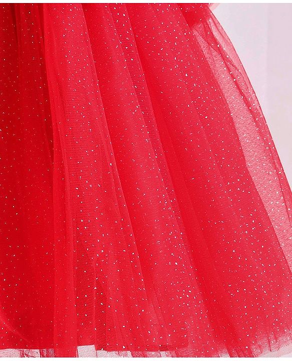 Babyhug Sleeveless Shimmered Ruffled Party Frock with Floral Applique -  Red