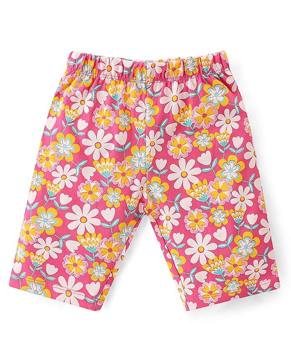 Babyhug Single Jersey Knit Half Sleeves Capri Night Suit Floral Print - White & Pink