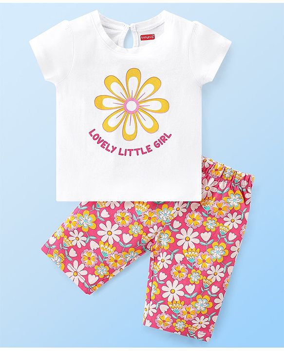 Babyhug Single Jersey Knit Half Sleeves Capri Night Suit Floral Print - White & Pink