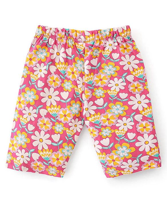 Babyhug Single Jersey Knit Half Sleeves Capri Night Suit Floral Print - White & Pink