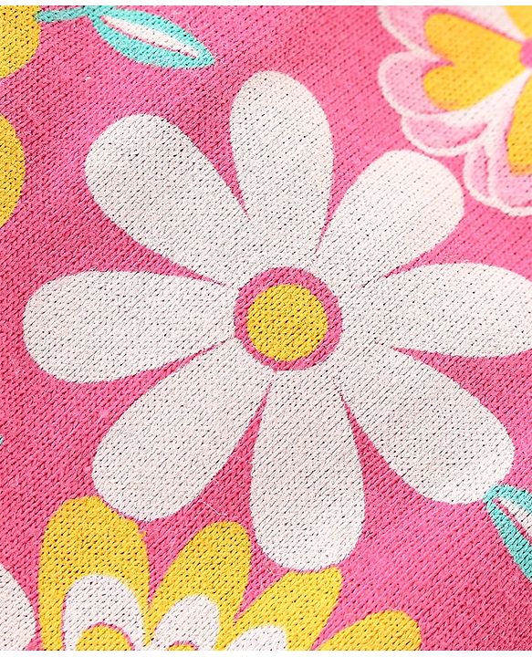 Babyhug Single Jersey Knit Half Sleeves Capri Night Suit Floral Print - White & Pink