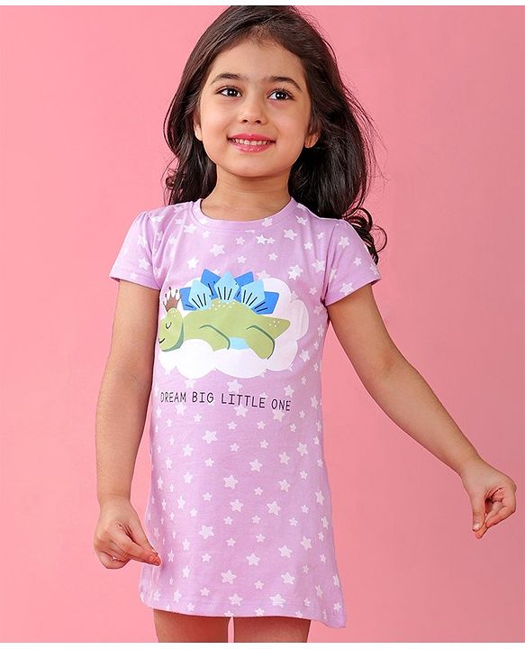 Babyhug Cotton Knit Half Sleeves Nighty With Turtle Print -Lavender