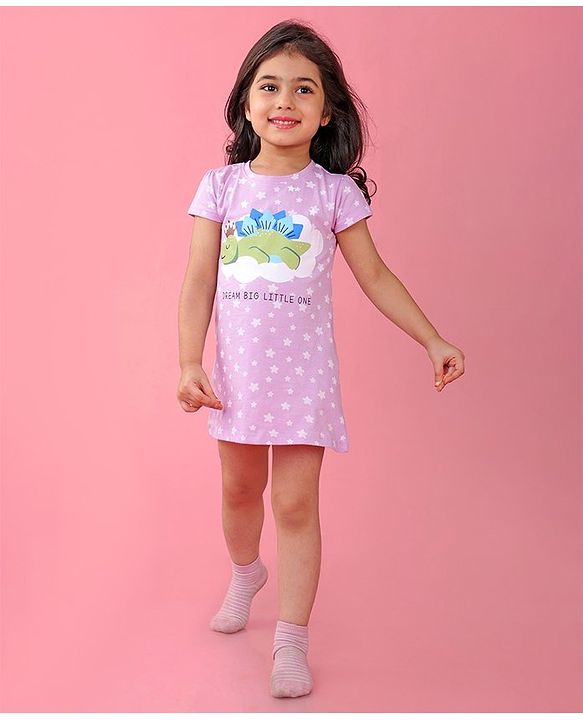 Babyhug Cotton Knit Half Sleeves Nighty With Turtle Print -Lavender