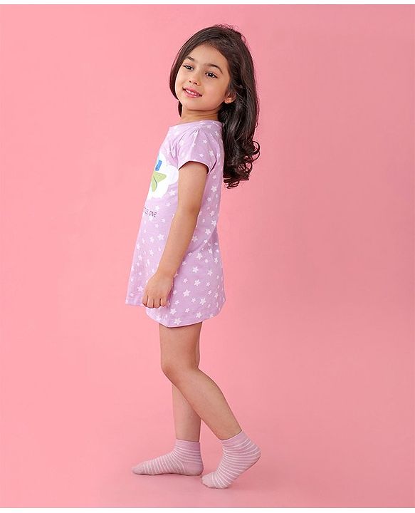 Babyhug Cotton Knit Half Sleeves Nighty With Turtle Print -Lavender