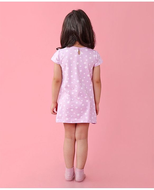 Babyhug Cotton Knit Half Sleeves Nighty With Turtle Print -Lavender