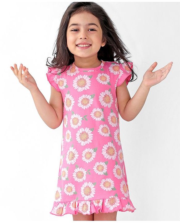 Babyhug Cotton Knit Single Jersey Frill Sleeves Nighty With Flower Print - Pink