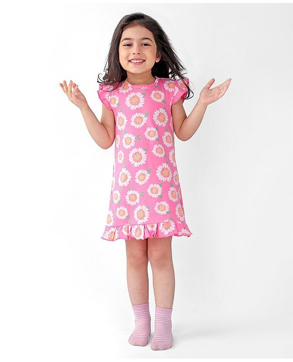 Babyhug Cotton Knit Single Jersey Frill Sleeves Nighty With Flower Print - Pink