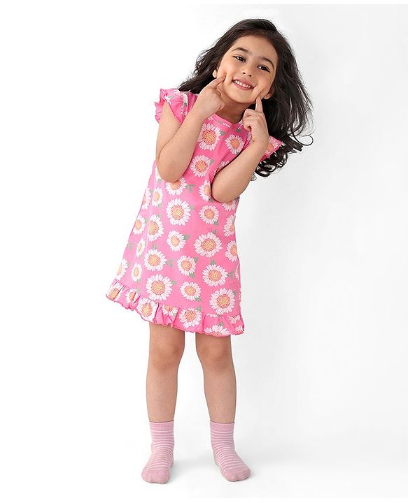 Babyhug Cotton Knit Single Jersey Frill Sleeves Nighty With Flower Print - Pink