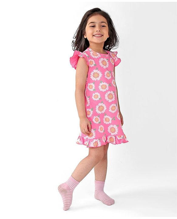 Babyhug Cotton Knit Single Jersey Frill Sleeves Nighty With Flower Print - Pink