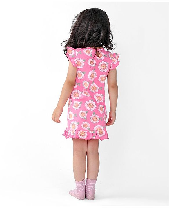 Babyhug Cotton Knit Single Jersey Frill Sleeves Nighty With Flower Print - Pink