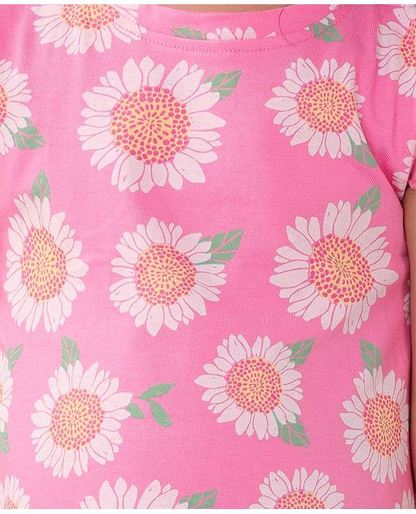 Babyhug Cotton Knit Single Jersey Frill Sleeves Nighty With Flower Print - Pink