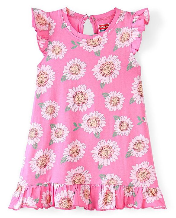 Babyhug Cotton Knit Single Jersey Frill Sleeves Nighty With Flower Print - Pink