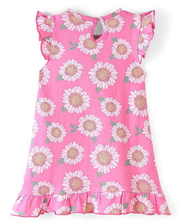 Babyhug Cotton Knit Single Jersey Frill Sleeves Nighty With Flower Print - Pink