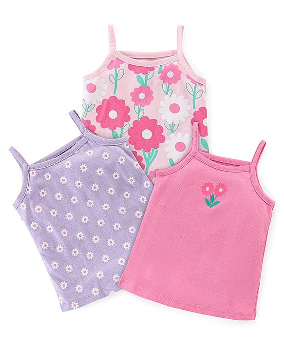 Babyhug 100% Cotton Knit Sleeveless Antibacterial Slips With Floral Print Pack of 3 - Multicolor
