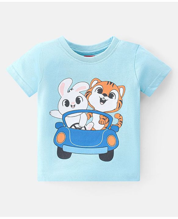 Babyhug Single Jersey Knit Half Sleeves Shorts Night Suit  Striped Bunny & Tiger Print - Blue