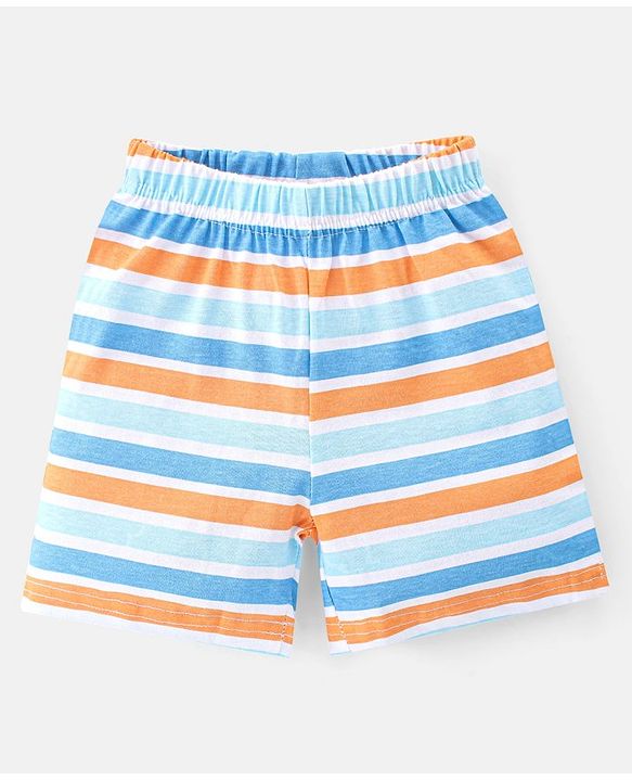 Babyhug Single Jersey Knit Half Sleeves Shorts Night Suit  Striped Bunny & Tiger Print - Blue