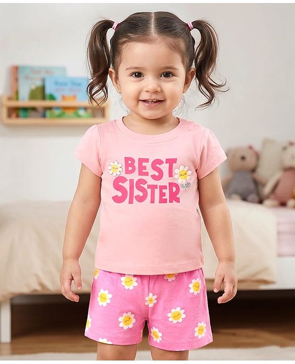 Babyhug Cotton Knit Half Sleeves Night Suit With Text Print - Pink