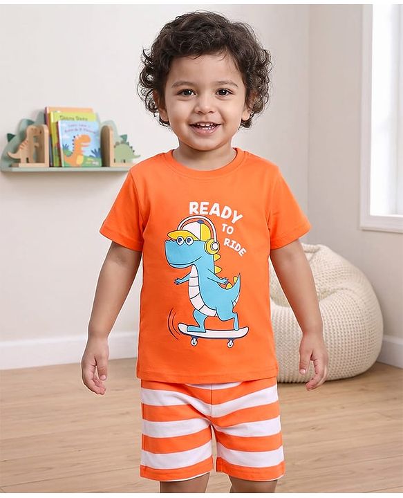 Babyhug Single Jersey Knit Half Sleeves Short Set Striped & Dino Print - Orange