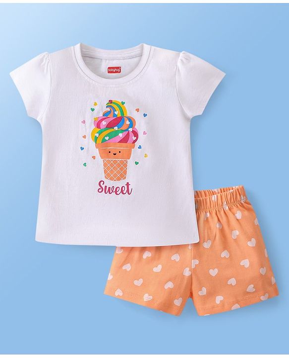 Babyhug Single Jersey Cotton Knit Ice Cream Printed Night Suit - White & Orange