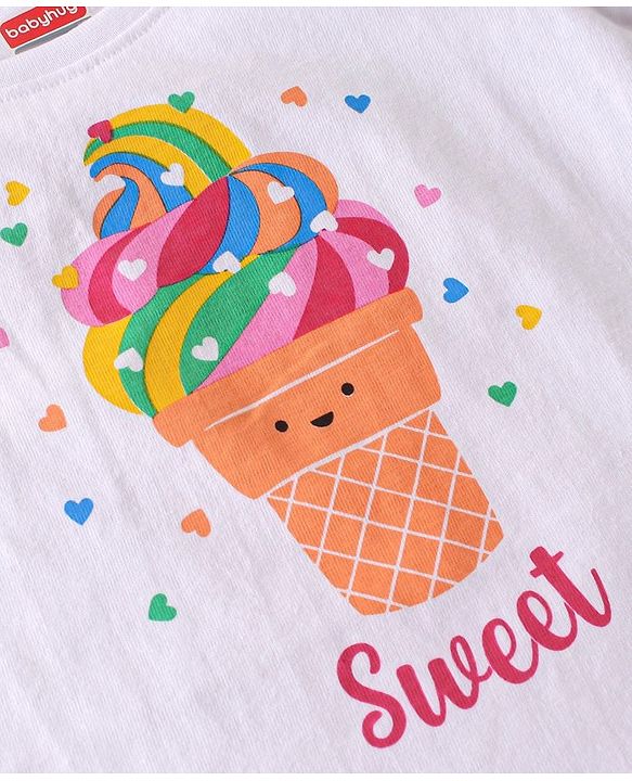 Babyhug Single Jersey Cotton Knit Ice Cream Printed Night Suit - White & Orange