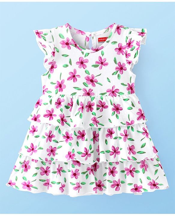 Babyhug Single Jersey Knit Frill Sleeves Layered Frock with Floral Print - White