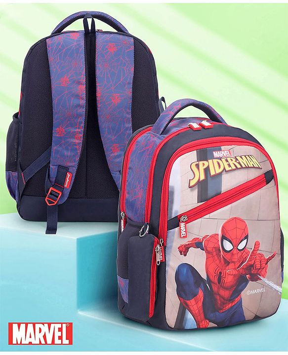 Babyhug Marvel Spiderman School Backpack with Pencil Pouch|2 Main Compartments, 2 Front Pockets, 2 side Bottle Pockets|Water Resistant|Long lasting and Durable Zippers | Comfortable back cushioning | For School, Travel and Outdoors|Blue- 15inches