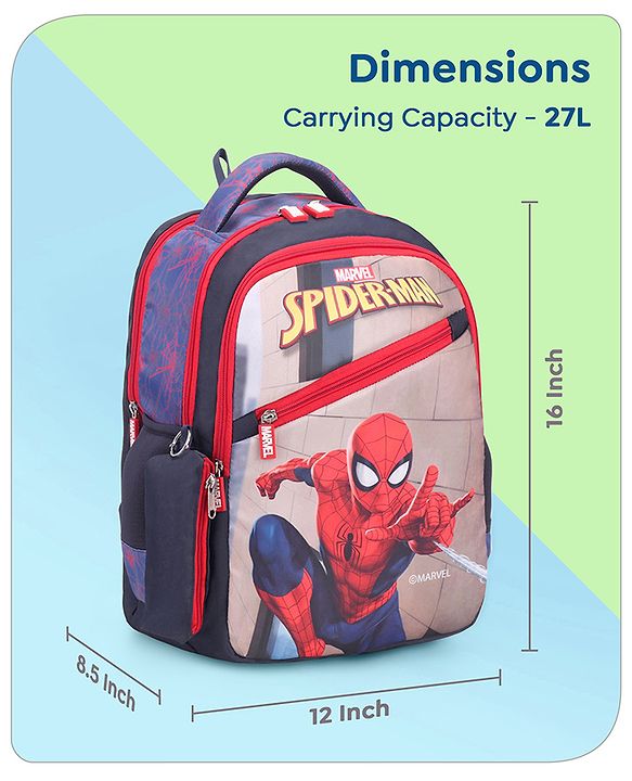 Babyhug Marvel Spiderman School Backpack with Pencil Pouch|2 Main Compartments, 2 Front Pockets, 2 side Bottle Pockets|Water Resistant|Long lasting and Durable Zippers | Comfortable back cushioning | For School, Travel and Outdoors|Blue- 15inches