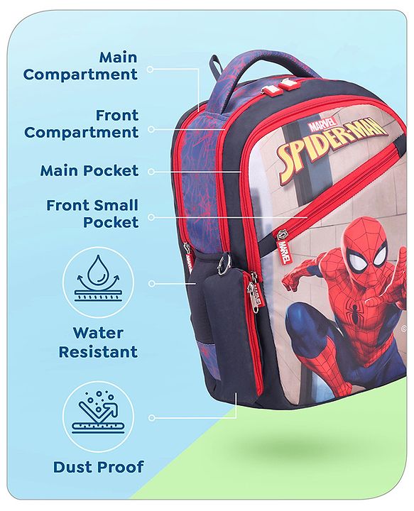 Babyhug Marvel Spiderman School Backpack with Pencil Pouch|2 Main Compartments, 2 Front Pockets, 2 side Bottle Pockets|Water Resistant|Long lasting and Durable Zippers | Comfortable back cushioning | For School, Travel and Outdoors|Blue- 15inches