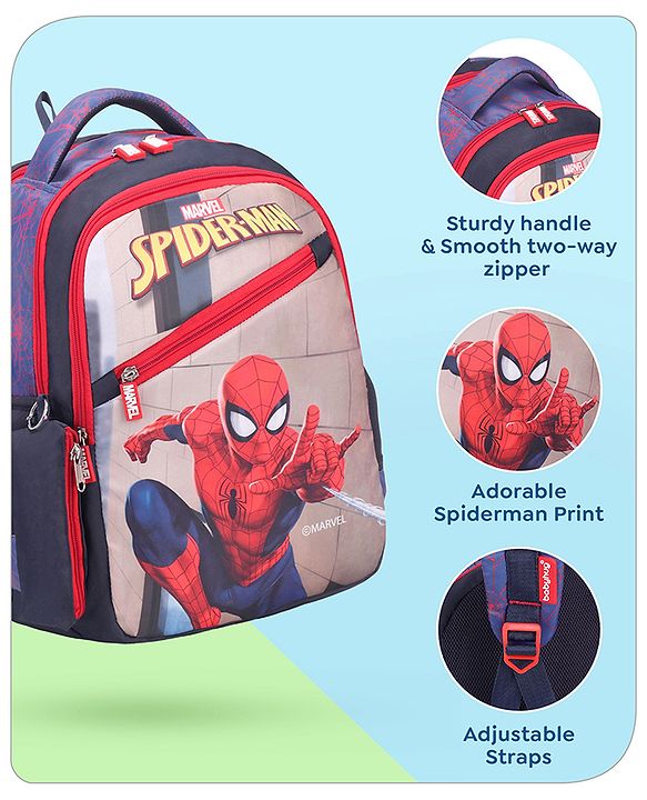 Babyhug Marvel Spiderman School Backpack with Pencil Pouch|2 Main Compartments, 2 Front Pockets, 2 side Bottle Pockets|Water Resistant|Long lasting and Durable Zippers | Comfortable back cushioning | For School, Travel and Outdoors|Blue- 15inches
