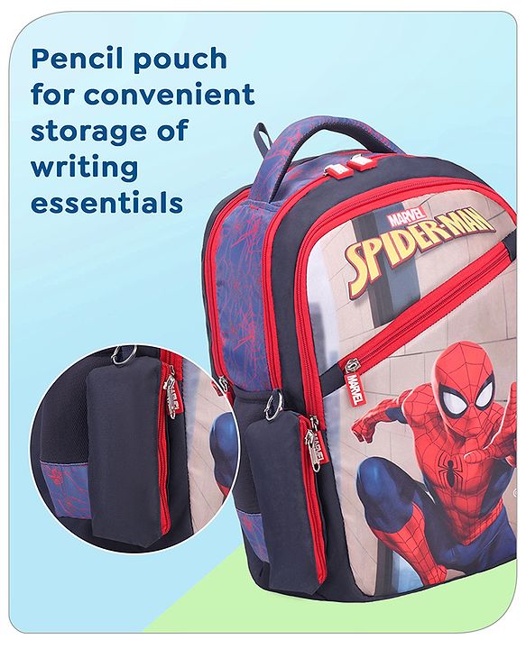 Babyhug Marvel Spiderman School Backpack with Pencil Pouch|2 Main Compartments, 2 Front Pockets, 2 side Bottle Pockets|Water Resistant|Long lasting and Durable Zippers | Comfortable back cushioning | For School, Travel and Outdoors|Blue- 15inches