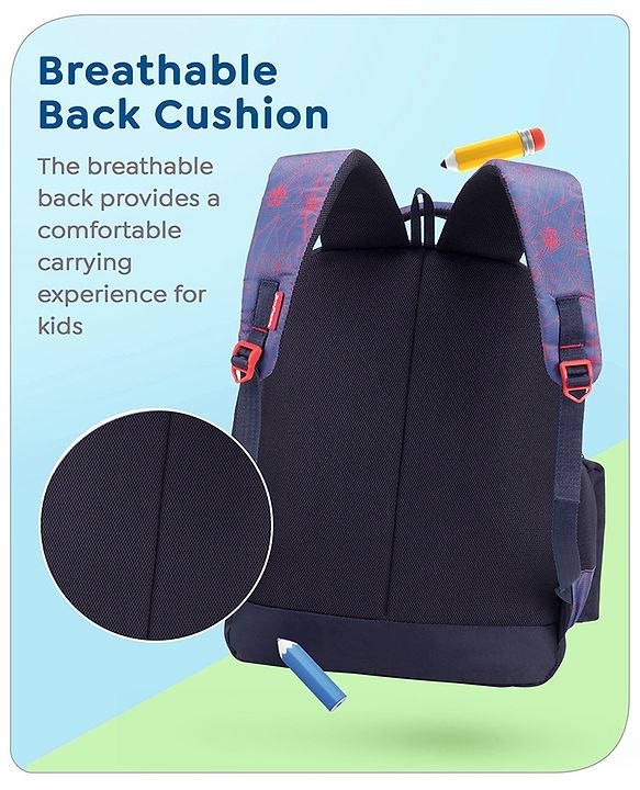 Babyhug Marvel Spiderman School Backpack with Pencil Pouch|2 Main Compartments, 2 Front Pockets, 2 side Bottle Pockets|Water Resistant|Long lasting and Durable Zippers | Comfortable back cushioning | For School, Travel and Outdoors|Blue- 15inches