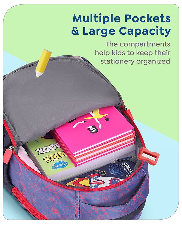 Babyhug Marvel Spiderman School Backpack with Pencil Pouch|2 Main Compartments, 2 Front Pockets, 2 side Bottle Pockets|Water Resistant|Long lasting and Durable Zippers | Comfortable back cushioning | For School, Travel and Outdoors|Blue- 15inches