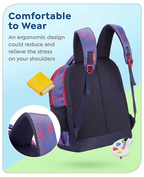 Babyhug Marvel Spiderman School Backpack with Pencil Pouch|2 Main Compartments, 2 Front Pockets, 2 side Bottle Pockets|Water Resistant|Long lasting and Durable Zippers | Comfortable back cushioning | For School, Travel and Outdoors|Blue- 15inches