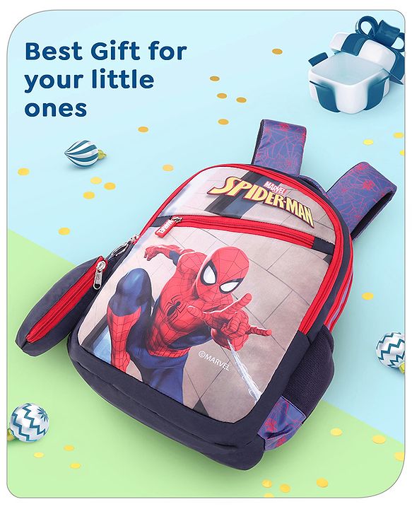 Babyhug Marvel Spiderman School Backpack with Pencil Pouch|2 Main Compartments, 2 Front Pockets, 2 side Bottle Pockets|Water Resistant|Long lasting and Durable Zippers | Comfortable back cushioning | For School, Travel and Outdoors|Blue- 15inches