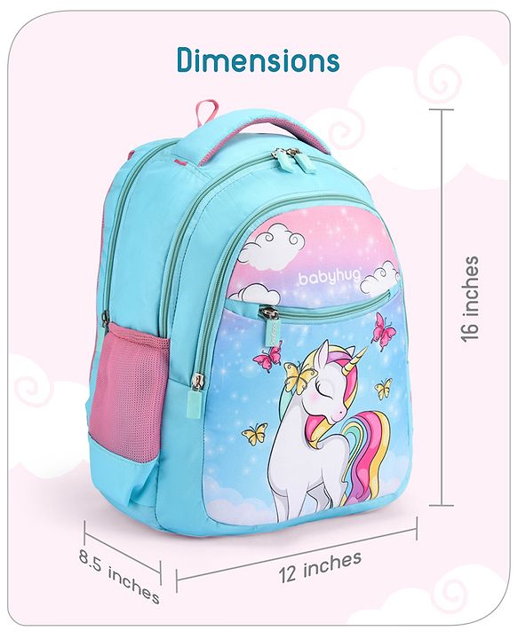 Babyhug Unicorn Print School Backpack|2 Main Compartments, 2 Front Pockets, 2 side Bottle Pockets|Water Resistant|Long lasting and Durable Zippers | Comfortable back cushioning | For School, Travel and Outdoors|Blue- 15inches