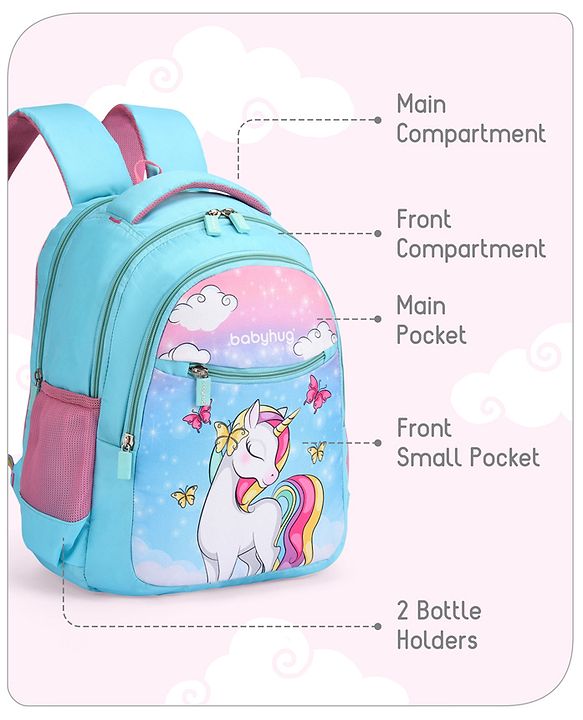 Babyhug Unicorn Print School Backpack|2 Main Compartments, 2 Front Pockets, 2 side Bottle Pockets|Water Resistant|Long lasting and Durable Zippers | Comfortable back cushioning | For School, Travel and Outdoors|Blue- 15inches