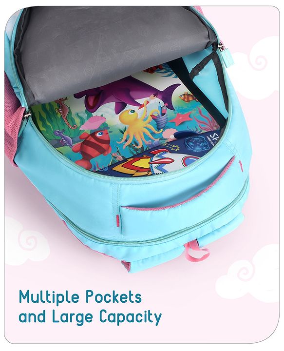 Babyhug Unicorn Print School Backpack|2 Main Compartments, 2 Front Pockets, 2 side Bottle Pockets|Water Resistant|Long lasting and Durable Zippers | Comfortable back cushioning | For School, Travel and Outdoors|Blue- 15inches