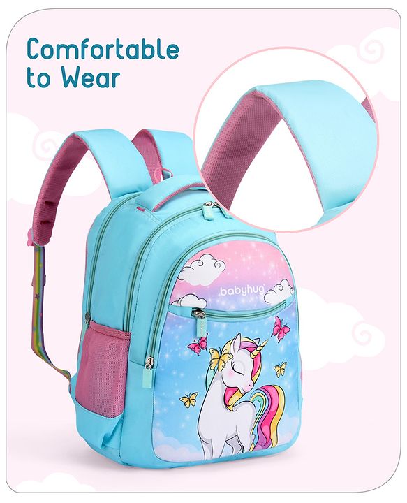 Babyhug Unicorn Print School Backpack|2 Main Compartments, 2 Front Pockets, 2 side Bottle Pockets|Water Resistant|Long lasting and Durable Zippers | Comfortable back cushioning | For School, Travel and Outdoors|Blue- 15inches
