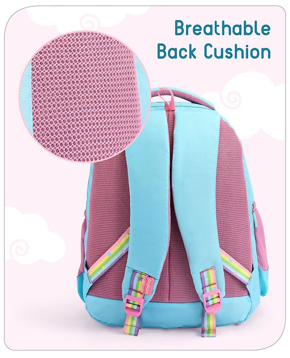Babyhug Unicorn Print School Backpack|2 Main Compartments, 2 Front Pockets, 2 side Bottle Pockets|Water Resistant|Long lasting and Durable Zippers | Comfortable back cushioning | For School, Travel and Outdoors|Blue- 15inches