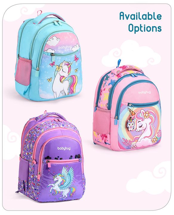 Babyhug Unicorn Print School Backpack|2 Main Compartments, 2 Front Pockets, 2 side Bottle Pockets|Water Resistant|Long lasting and Durable Zippers | Comfortable back cushioning | For School, Travel and Outdoors|Blue- 15inches
