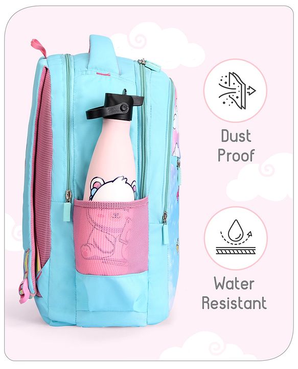 Babyhug Unicorn Print School Backpack|2 Main Compartments, 2 Front Pockets, 2 side Bottle Pockets|Water Resistant|Long lasting and Durable Zippers | Comfortable back cushioning | For School, Travel and Outdoors|Blue- 15inches