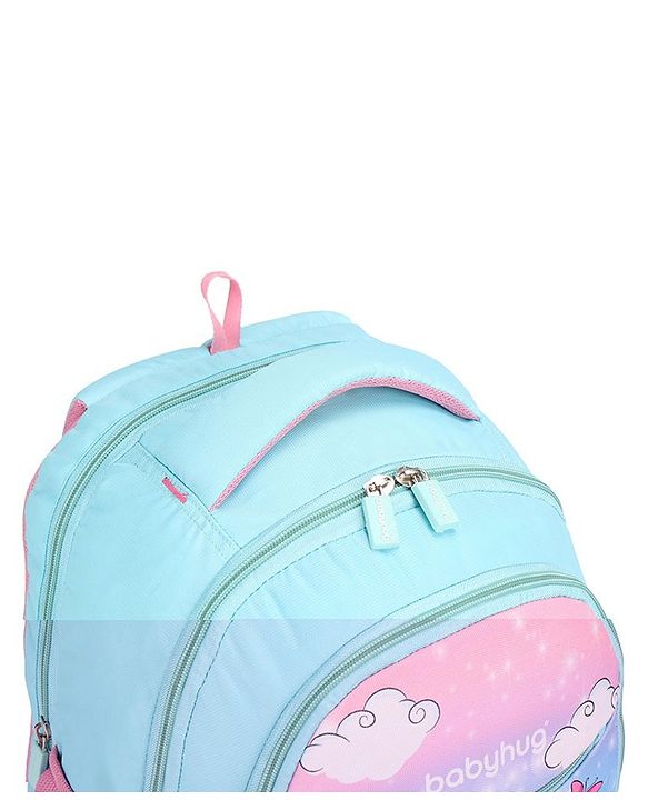 Babyhug Unicorn Print School Backpack|2 Main Compartments, 2 Front Pockets, 2 side Bottle Pockets|Water Resistant|Long lasting and Durable Zippers | Comfortable back cushioning | For School, Travel and Outdoors|Blue- 15inches