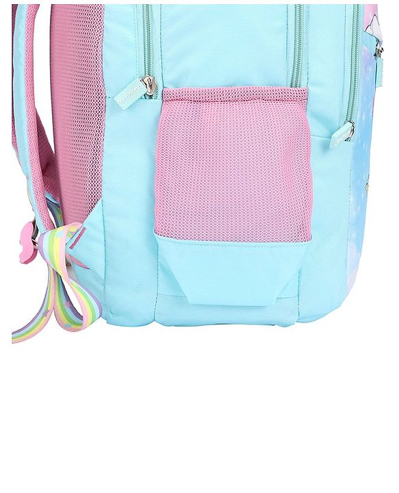 Babyhug Unicorn Print School Backpack|2 Main Compartments, 2 Front Pockets, 2 side Bottle Pockets|Water Resistant|Long lasting and Durable Zippers | Comfortable back cushioning | For School, Travel and Outdoors|Blue- 15inches