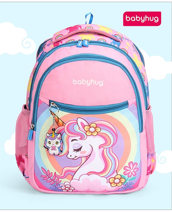 Babyhug Unicorn Print Spacious Backpack With Unicorn Key-Chain|2 Main Compartments, 2 Front Pockets, 2 side Bottle Pockets|Water Resistant|Long lasting and Durable Zippers | Comfortable back cushioning | For School, Travel and Outdoors- 15inches ( St