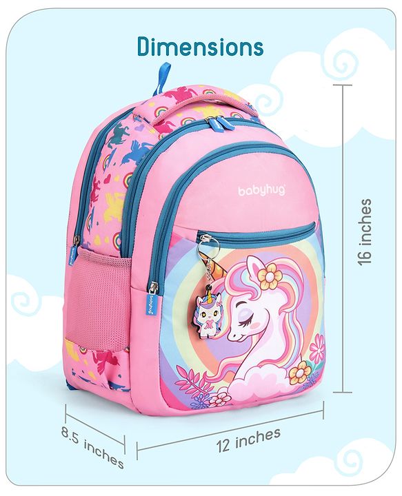 Babyhug Unicorn Print Spacious Backpack With Unicorn Key-Chain|2 Main Compartments, 2 Front Pockets, 2 side Bottle Pockets|Water Resistant|Long lasting and Durable Zippers | Comfortable back cushioning | For School, Travel and Outdoors- 15inches ( St