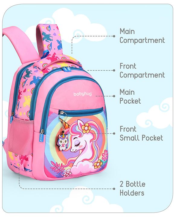 Babyhug Unicorn Print Spacious Backpack With Unicorn Key-Chain|2 Main Compartments, 2 Front Pockets, 2 side Bottle Pockets|Water Resistant|Long lasting and Durable Zippers | Comfortable back cushioning | For School, Travel and Outdoors- 15inches ( St