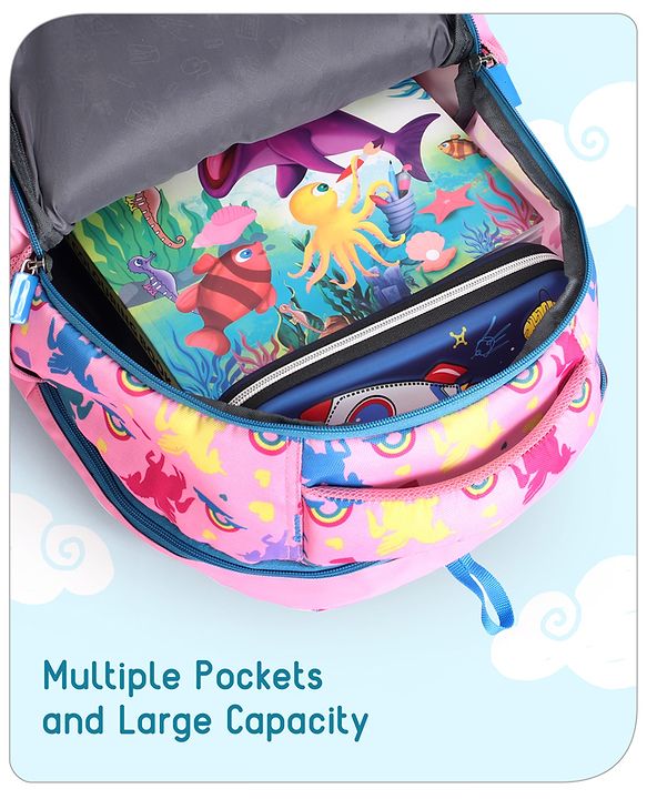 Babyhug Unicorn Print Spacious Backpack With Unicorn Key-Chain|2 Main Compartments, 2 Front Pockets, 2 side Bottle Pockets|Water Resistant|Long lasting and Durable Zippers | Comfortable back cushioning | For School, Travel and Outdoors- 15inches ( St